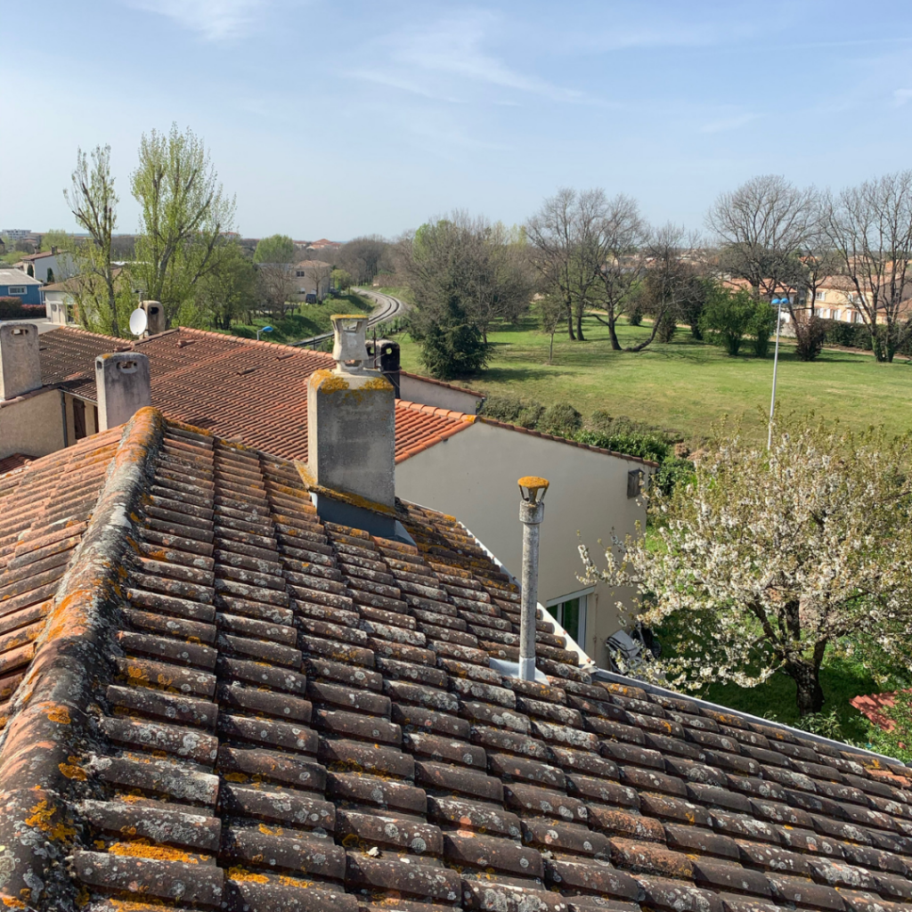 Toit d'une maison avec lichens, vue sur un espace vert à Cugnaux, Occitanie.
