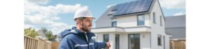 Technicien en rénovation énergétique vérifiant des panneaux solaires AD VALIDEM.