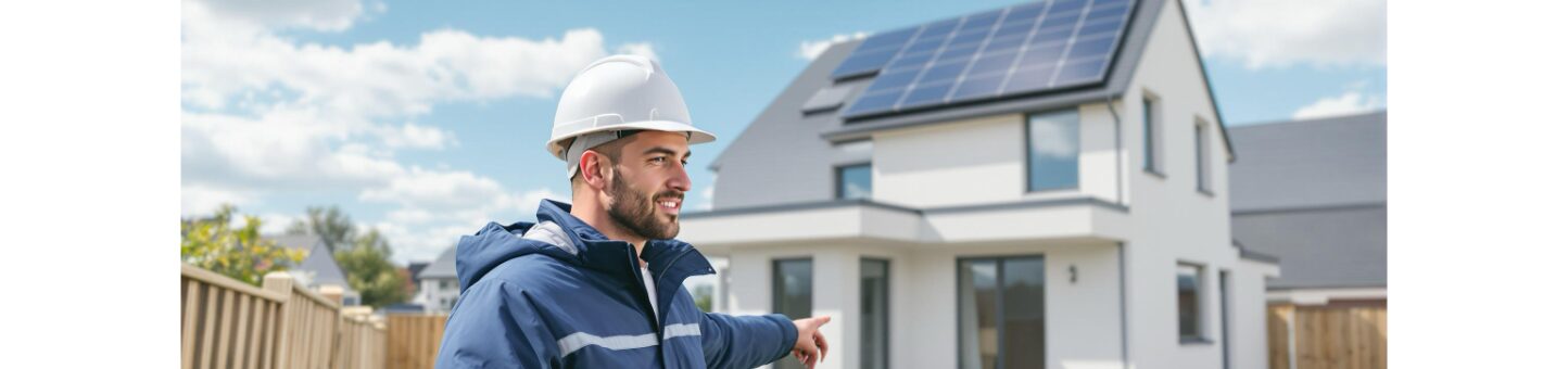 Technicien en rénovation énergétique vérifiant des panneaux solaires AD VALIDEM.