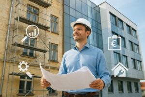 Ingénieur tenant des plans, AD VALIDEM; Rénovation énergétique; Audit énergétique.