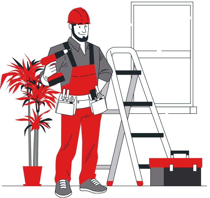 Technicien en tenue rouge avec outils et échelle AD VALIDEM; Rénovation énergétique; Audit énergétique