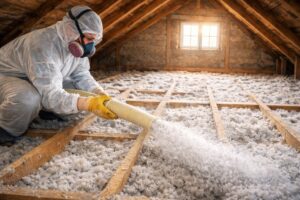 Travailleur en rénovation énergétique avec AD VALIDEM sur un plafond isolé.