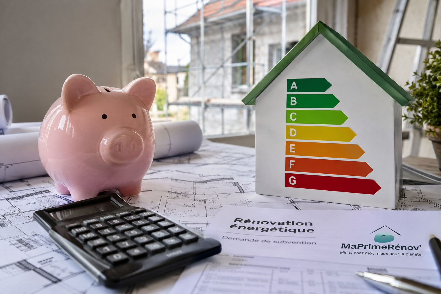 Tirelire rose, calculatrice et documents sur la rénovation énergétique AD VALIDEM.