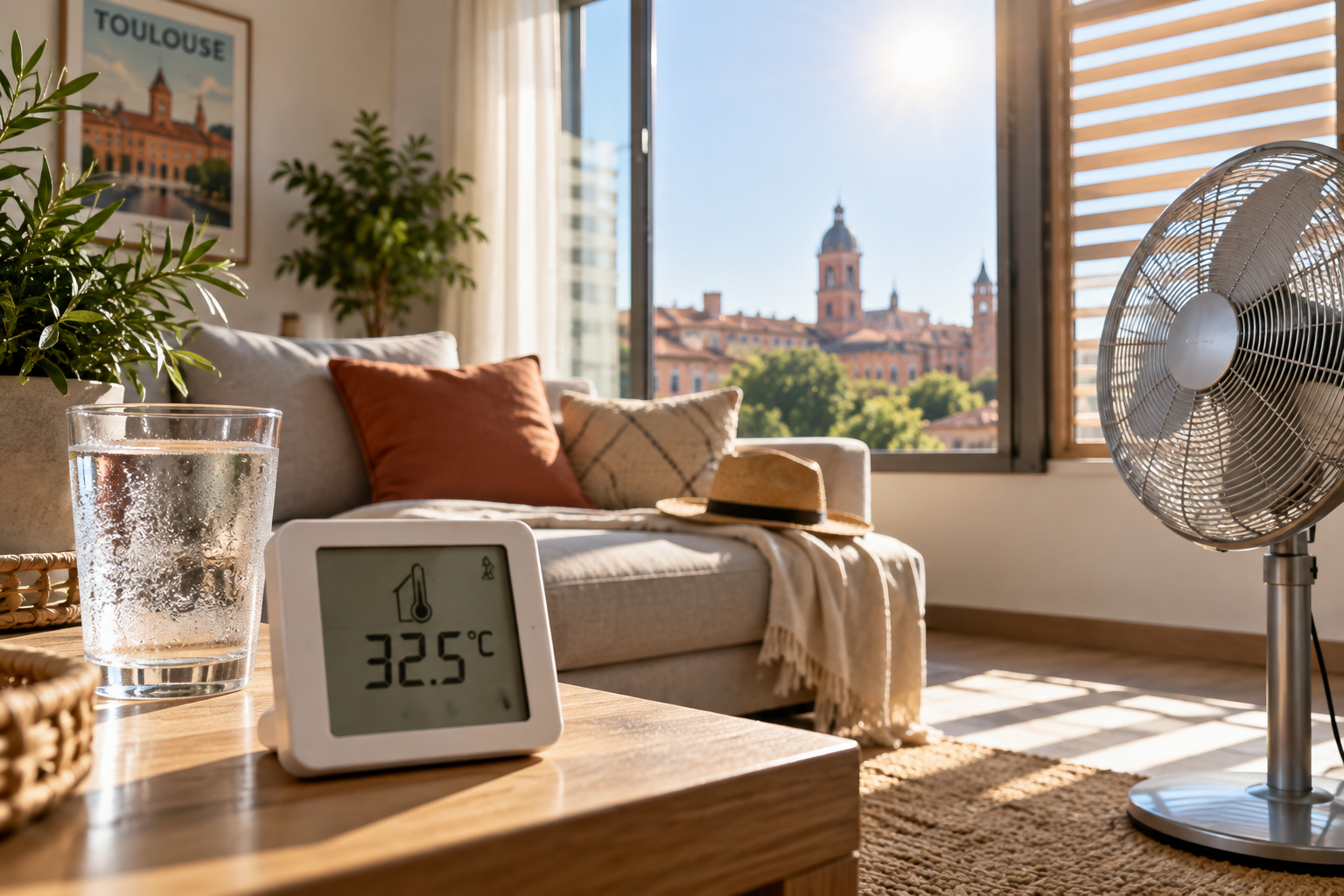 Thermomètre indiquant 32,5°C dans un salon moderne; AD VALIDEM, Rénovation énergétique.