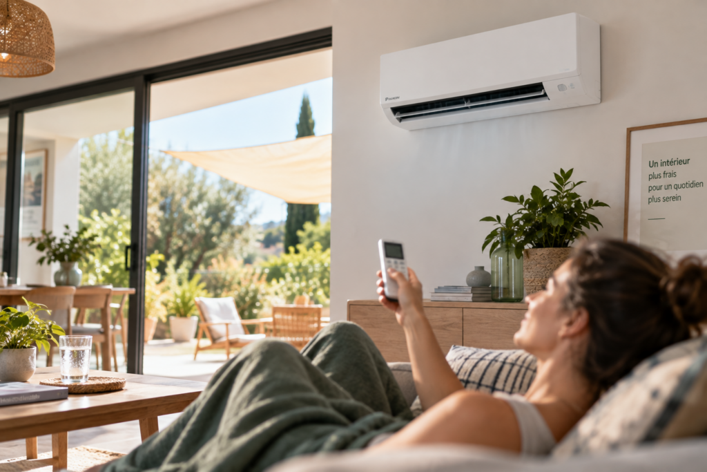 Femme utilisant une télécommande pour un système de climatisation AD VALIDEM.